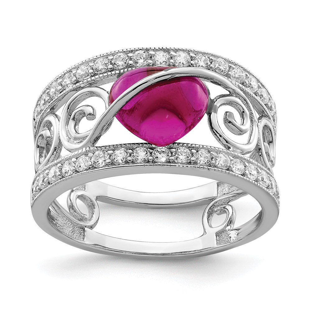 925 Sterling Silver Rhodium-plated Red Heart CZ & Clear CZ Ring